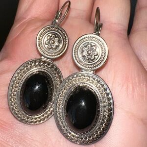 Vintage Western boho style round silver and onyx stone earrings